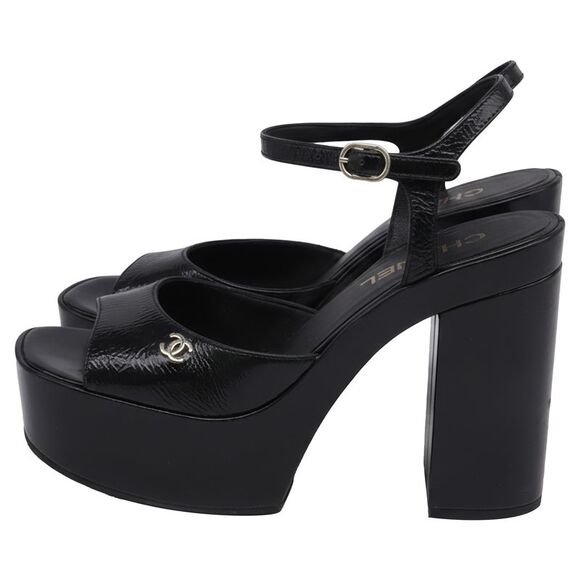 Chanel CC Ankle Strap Platform Sandals in Black Patent Leather - Picture 5 of 8